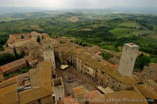 An aerial view of the various roof designs in the town of San Gimignano seen from the highest tower in the town in Tuscany, Italy.